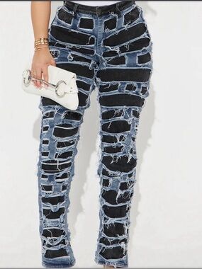 Distressed Two-Tone Blue & Black Women’s Ripped Jeans